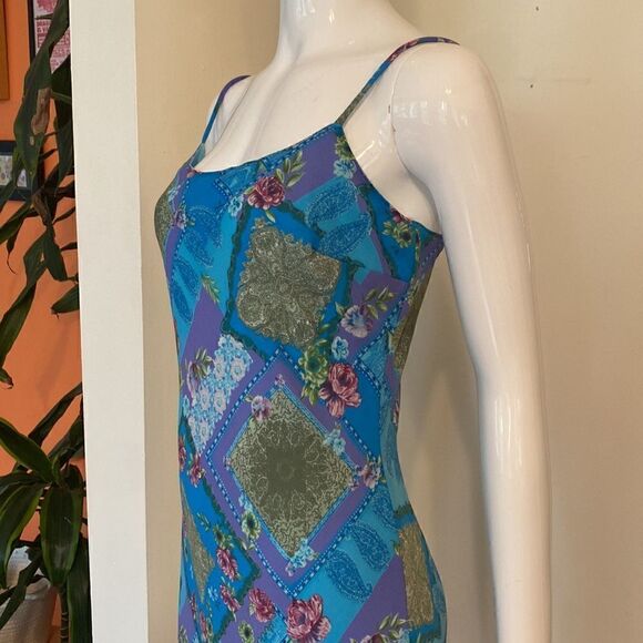 Vintage My Michelle Blue & Green Patchwork Handkerchief Midi Dress Size 9 - Picture 5 of 12